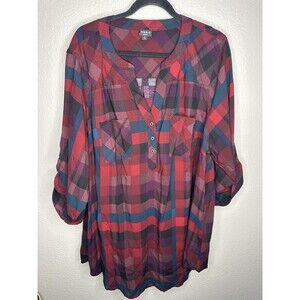 Torrid Harper Shirt Womens 3X Red Plaid Roll Tab Sleeve Henley Tunic